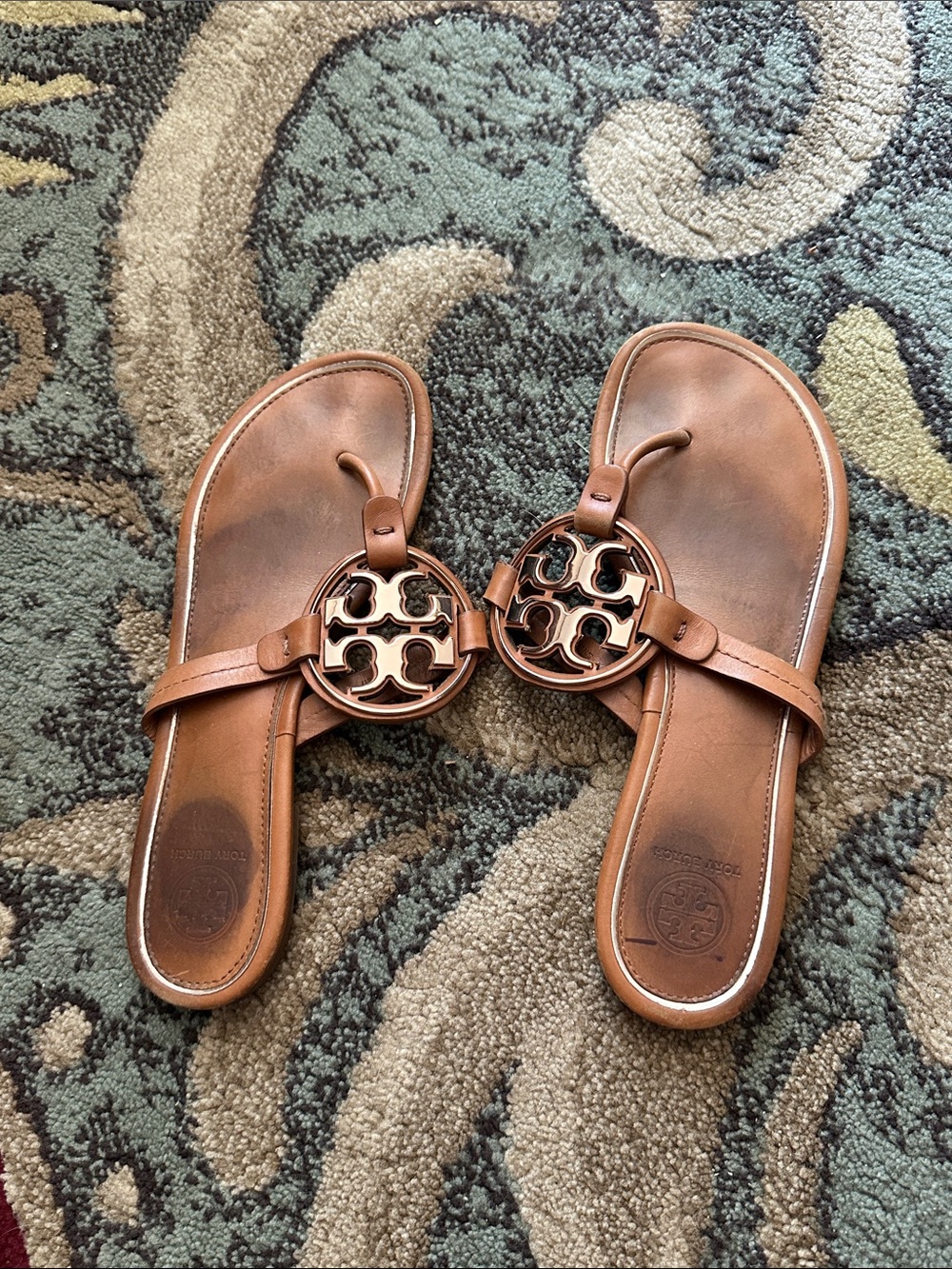 Tory Burch Tan Leather Logo Thong Sandals